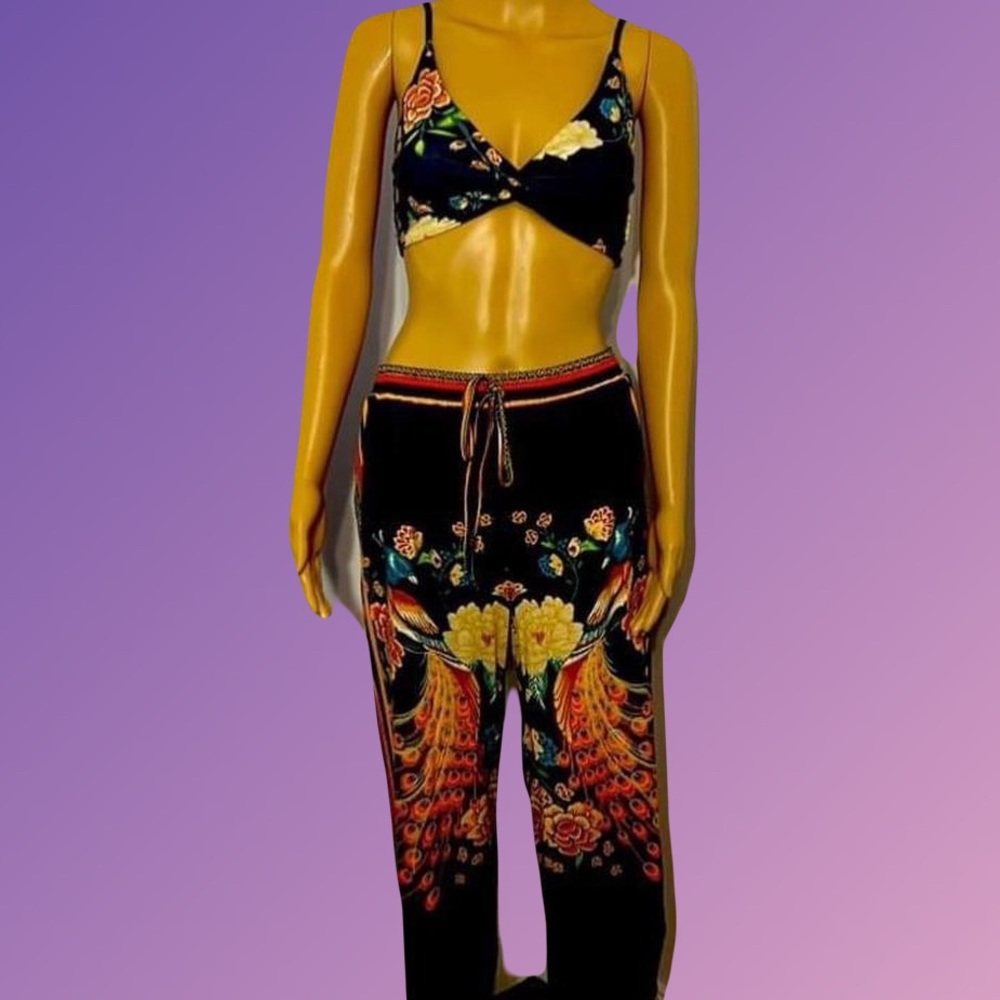 2-Piece Boho Peacock Design Flowing Bikini & Pants, Medium - sizing in details